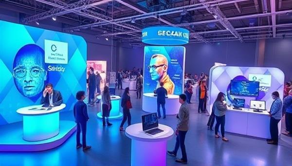 A dynamic digital event space with virtual stages, interactive booths, and diverse avatars engaging in virtual networking, presentations, and entertainment activities, capturing the essence of innovative virtual event experiences and creative online interactions.