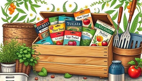 An artistic illustration of a vibrant seed box overflowing with colorful seed packets, surrounded by gardening tools and green foliage, evoking the joy and excitement of growing one