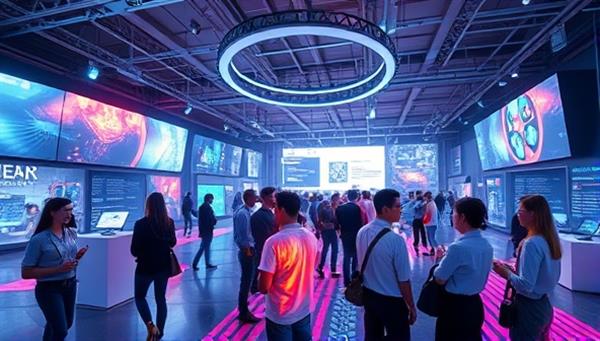 A futuristic virtual event setting with attendees represented by avatars interacting in a dynamic virtual environment filled with digital displays and interactive elements, showcasing the platform