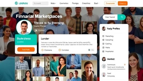 An online marketplace interface showcasing borrower and lender profiles, loan listings, and investment opportunities, with a diverse group of individuals engaging with the platform, symbolizing financial empowerment and community support.