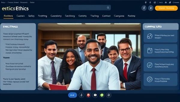 An online ethics training platform interface featuring interactive ethics modules, case studies, and compliance quizzes, with a diverse group of government officials engaging in a virtual ethics training session, symbolizing integrity and ethical leadership in government organizations.