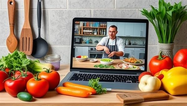 An array of fresh ingredients, kitchen utensils, and a laptop displaying a live cooking class session with a chef guiding participants through a recipe, showcasing the interactive and engaging nature of Cooking Connect.
