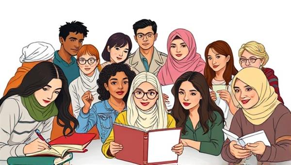 A diverse group of writers from different cultural backgrounds collaborating on a virtual writing project, each contributing their unique perspectives and linguistic expertise, symbolizing the spirit of language exchange and creativity.