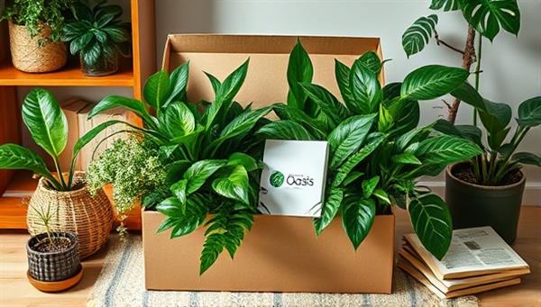 An elegant subscription box overflowing with lush green plants, nestled in eco-friendly packaging, surrounded by botanical-themed decor and a cozy reading nook, creating a serene and inviting atmosphere that embodies the essence of Green Oasis Box.