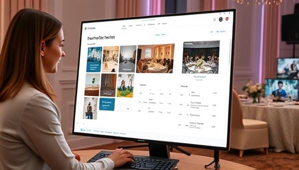 An online event planning session with an event coordinator presenting a digital mood board, venue layout, and interactive event features to a client, highlighting the creative design elements and virtual event experience for a memorable and successful occasion.