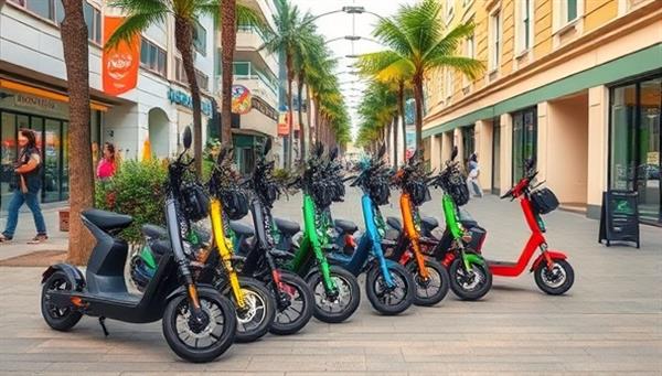 An inviting cityscape with colorful electric scooters lined up along a bustling sidewalk, showcasing the convenience and eco-friendliness of the rental service in a vibrant urban setting.