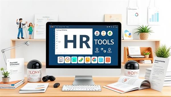 An office setup with digital HR tools and virtual team collaboration platforms on a computer screen, surrounded by HR policy manuals and employee engagement resources, representing modern HR practices in a virtual setting.
