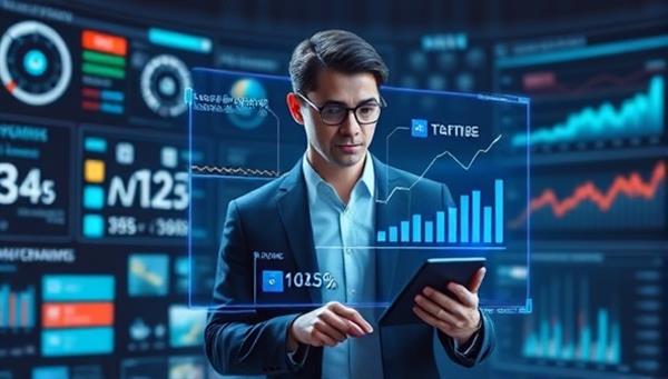 A futuristic visualization of a sleek, virtual assistant hologram displaying financial charts and recommendations to a user, surrounded by digital interfaces and data streams, illustrating advanced technology in personal finance management.