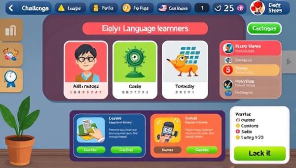 An engaging language learning game interface with colorful visuals, interactive challenges, and progress trackers, showcasing the fun and educational aspects of practicing language skills through gaming experiences.