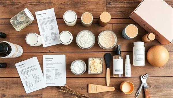 An aesthetically pleasing flat lay of DIY beauty product making kits, featuring glass jars of ingredients, recipe cards, mixing tools, and finished beauty products displayed on a rustic wooden table, evoking a sense of creativity and natural beauty in a home setting.