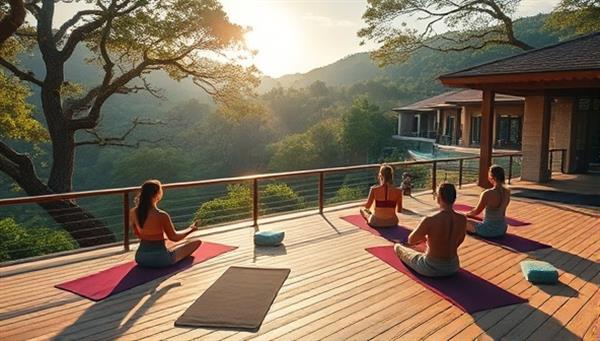 A serene landscape with a luxurious estate nestled among nature, featuring yoga mats on a sunlit deck, meditation cushions, and a group of participants engaging in mindfulness practices, embodying the tranquil and transformative atmosphere of Mindful Estates wellness retreats.