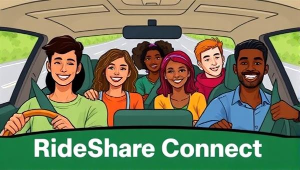 A vibrant and dynamic illustration showing diverse individuals happily sharing a car ride, with a background of traffic-free roads and green landscapes, symbolizing the eco-friendly and community-building aspects of RideShare Connect.