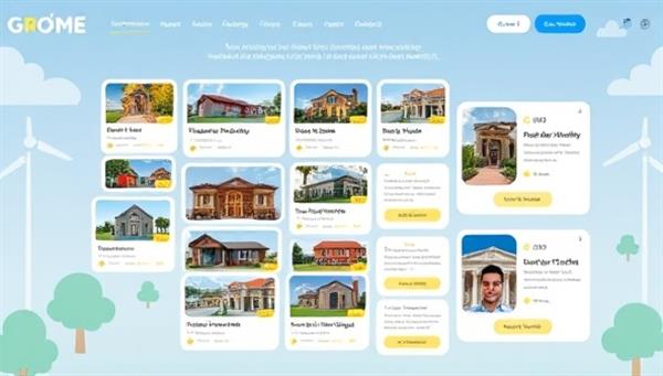 An artistic representation of a digital platform showcasing diverse real estate investment opportunities, including virtual property tours, financial projections, and investor testimonials, creating a transparent and engaging crowdfunding experience for aspiring real estate investors.