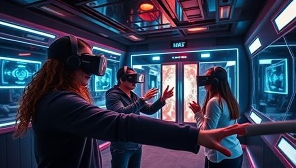 An immersive VR environment with futuristic visuals, showing participants working together to unlock a digital puzzle in a thrilling virtual escape room setting.