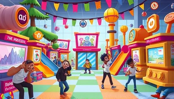 An animated scene depicting a vibrant digital playground filled with interactive ad elements, game characters, and engaging challenges, with users of diverse demographics enjoying the gamified advertising experience, symbolizing the fun and immersive nature of AdPlayground.