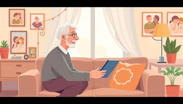 A heartwarming digital illustration of a senior adult engaging in a virtual conversation with a companion, surrounded by photos and comforting elements of home, conveying companionship, care, and emotional connection in a remote setting.