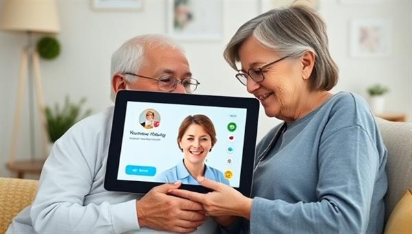 An emotional and heartwarming image of a virtual care session between a senior individual and a caregiver, with a digital tablet displaying a friendly face offering companionship and support, surrounded by images of senior-friendly technology and comforting elements, illustrating the essence of remote senior care services with compassion and connection.
