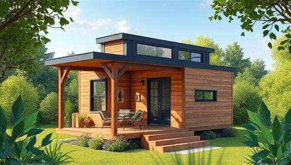 An artistic rendering of a customizable prefabricated tiny home featuring modular components that can be rearranged to fit different layouts and styles, surrounded by lush greenery to emphasize the harmony between living spaces and nature.