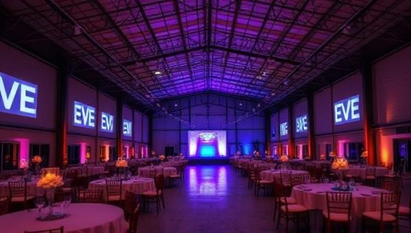 A transformed warehouse space featuring elegant decor, lighting effects, and seating arrangements for a corporate event, showcasing the versatility and ambiance created by EventElevate Transformations for memorable and impactful gatherings.