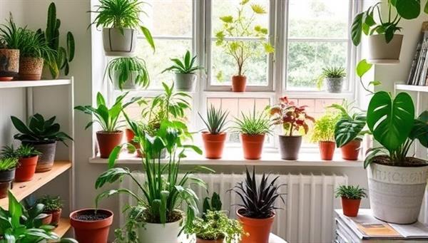 An aesthetically pleasing image of a plant-filled living space with a variety of lush houseplants and succulents placed strategically on shelves, windowsills, and tables, creating a green oasis that reflects the essence of LeafyLove Subscriptions.