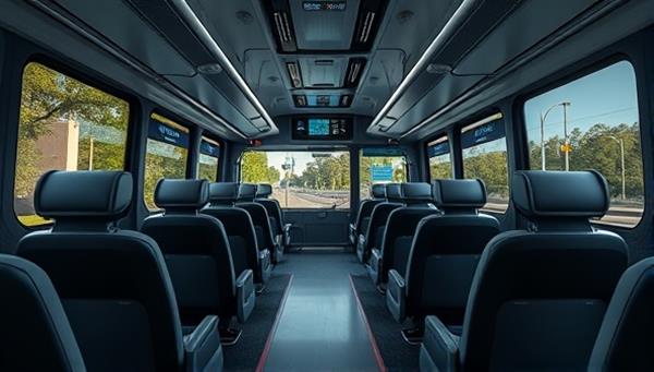 An artistic representation of a sleek and modern commuter bus interior with comfortable seating, high-speed Wi-Fi, and personalized digital screens for each passenger, illustrating a premium and tailored commuting experience.