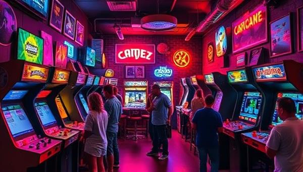 A vibrant retro arcade bar setting with patrons playing classic arcade games, enjoying retro snacks and drinks, and immersed in a nostalgic gaming atmosphere filled with neon lights, pixel art, and vintage gaming memorabilia, evoking a sense of retro gaming nostalgia and fun.