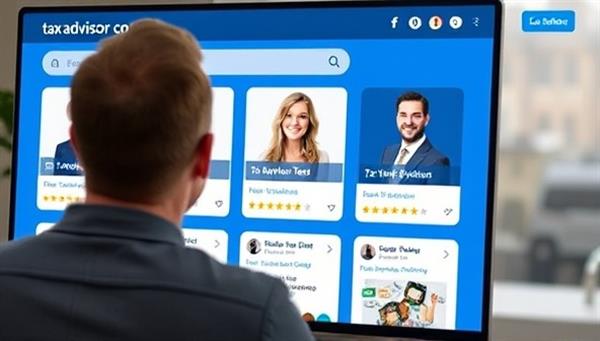 An online marketplace interface showing a user browsing through profiles of tax advisors, with ratings and reviews displayed, creating a sense of trust and transparency in the selection process on TaxAdvisor Connect.
