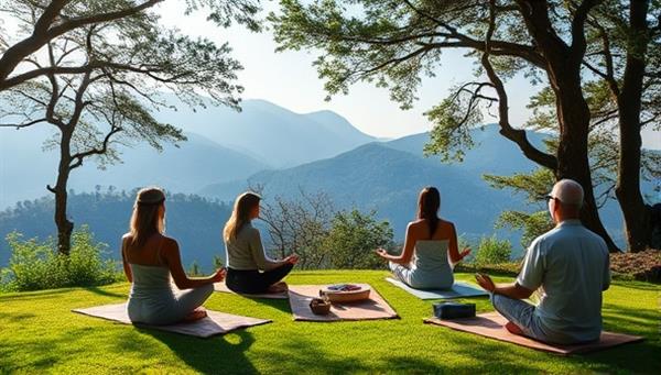 A serene digital detox retreat setting with individuals practicing mindfulness, surrounded by nature and disconnected from technology, illustrating the concept of finding balance in a digital world.