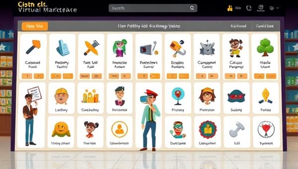 An engaging virtual marketplace interface displaying a diverse range of skill categories with animated icons representing various skills, creating a dynamic and interactive platform for skill exchange.
