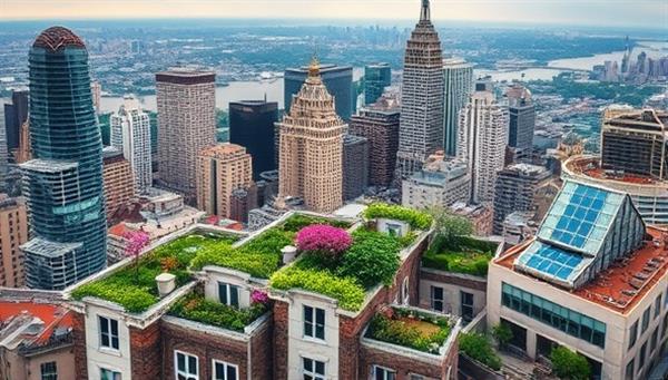 An aerial view of a bustling cityscape with stylish rooftop gardens blooming with a variety of plants, surrounded by skyscrapers, showcasing the integration of nature into the urban environment.