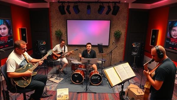 A vibrant virtual music studio environment with musicians playing instruments, singing, and collaborating on a digital platform, sharing creative ideas and music tracks, fostering a sense of musical harmony and collaboration.