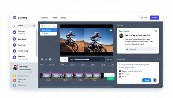 An interactive digital platform interface showing a video timeline with drag-and-drop editing features, a chat window for client-editor communication, and a rating system for editor feedback, illustrating seamless collaboration in video editing.