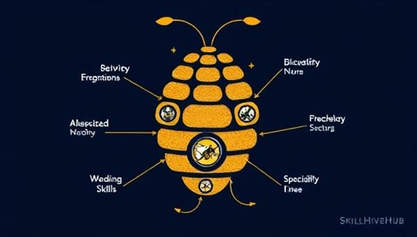An artistic representation of a beehive symbolizing a hive of specialized skills and talents, with interconnected pathways leading to different industry sectors, showcasing the diverse and niche opportunities available on the SkillHiveHub platform.