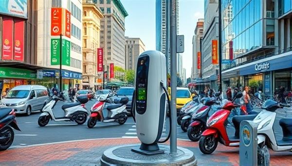 A vibrant cityscape with bustling streets filled with electric scooters and a sleek, modern charging station prominently placed at a busy intersection, showcasing convenience and sustainability.