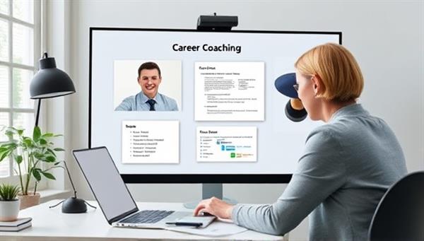 An image depicting a virtual career coaching session with a professional coach guiding a client through resume writing tips, career planning strategies, and job search techniques, illustrating the platform