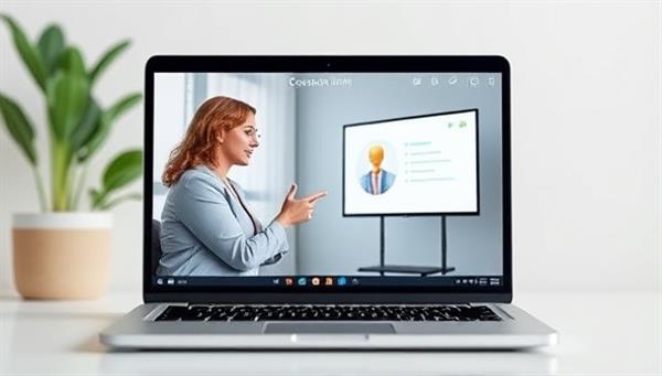 A virtual coaching session displayed on a laptop screen, showing a professional coach guiding a client through a presentation practice, reflecting professionalism and mentorship in a digital setting.