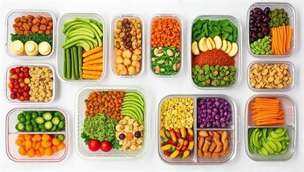 A series of vibrant and nutritious plant-based meal prep containers arranged in a visually appealing layout, showcasing colorful and appetizing vegan dishes that convey freshness, variety, and health-conscious meal options for on-the-go consumers.