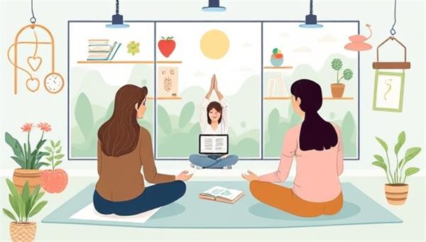 A serene digital illustration depicting educators practicing mindfulness and well-being exercises in a virtual setting, surrounded by calming nature scenes, meditation tools, and stress-relief techniques, capturing the essence of CalmMind Academy