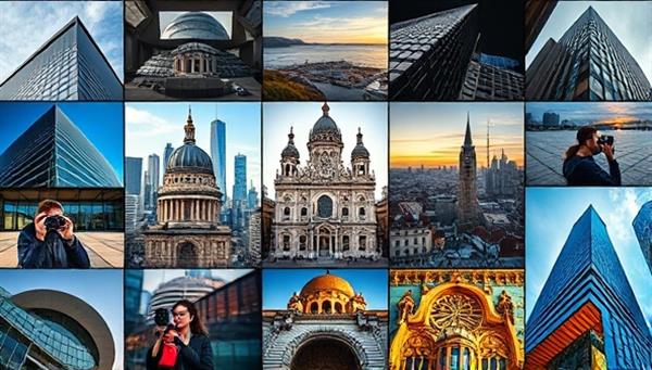 An inspiring visual montage of architectural masterclass participants capturing striking images of buildings, cityscapes, and architectural details, under the guidance of professional photographers, highlighting the educational and creative essence of the online architectural photography workshops.
