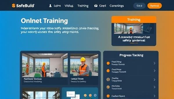 An online training interface of SafeBuild Academy featuring interactive safety simulations, video tutorials, and progress tracking tools, showcasing the platform