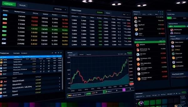 A digital trading floor interface displaying real-time betting odds, market charts, and user profiles engaging in peer-to-peer bet exchanges, conveying a dynamic and interactive betting community atmosphere.