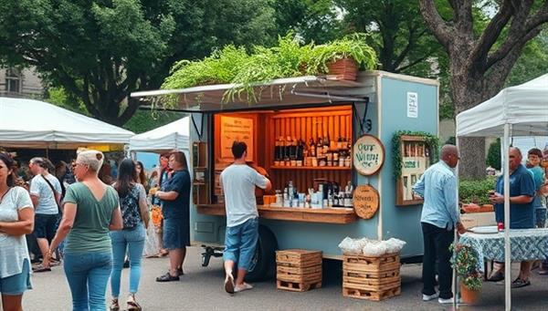 A vibrant outdoor market setting with a mobile pop-up shop adorned with greenery and wellness products, surrounded by curious shoppers exploring natural remedies and wellness goods, creating a lively and inviting atmosphere.