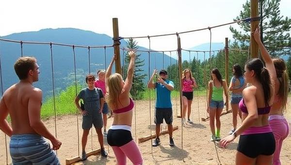 A diverse group of participants engaging in a fitness challenge obstacle course set in a scenic outdoor location, showcasing teamwork, physical activity, and the spirit of adventure, with obstacles, ropes, and fitness stations creating an exciting and dynamic fitness adventure setting.