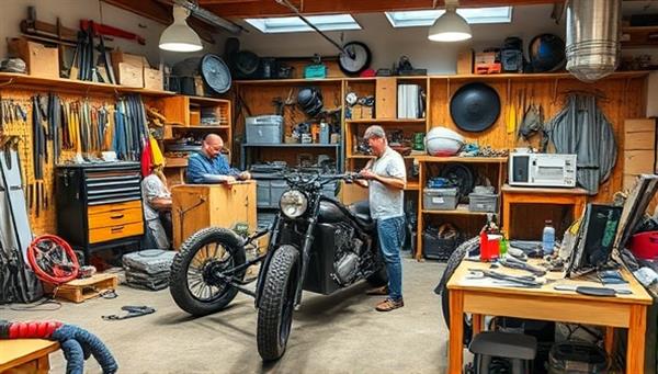 A dynamic workshop space filled with tools, spare parts, and futuristic mobility prototypes, with a group of enthusiasts collaborating on a DIY urban vehicle project, showcasing creativity and innovation.
