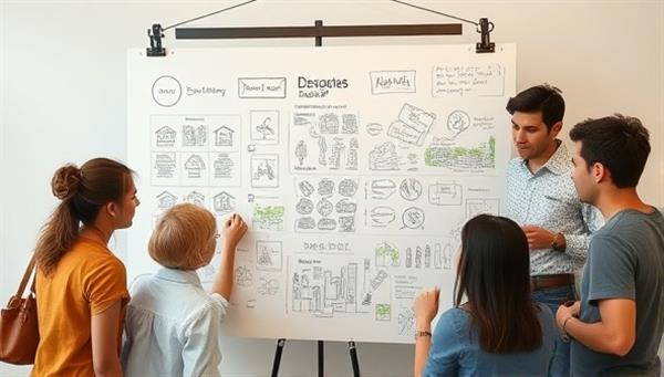 A diverse group of individuals of varying ages and backgrounds, gathered around a large design board filled with sketches and ideas, engaging in a collaborative and creative community design workshop, illustrating inclusivity and innovation in urban planning.