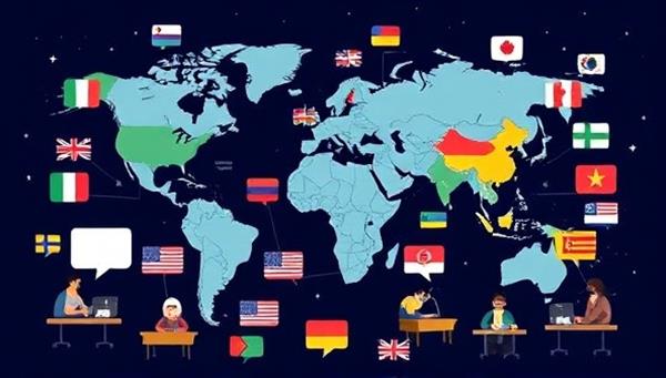A digital world map showcasing language flags, communication icons, and language learning tools, surrounded by virtual language classrooms, conversation bubbles, and diverse avatar profiles engaging in multilingual interactions, symbolizing a global language learning community united through communication.