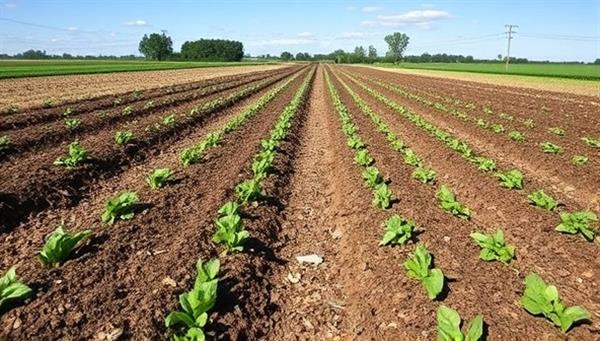 A scenic agricultural landscape with rows of crops covered in biodegradable mulch, showcasing the eco-friendly farming practices of using sustainable mulching materials for soil protection and crop enhancement.