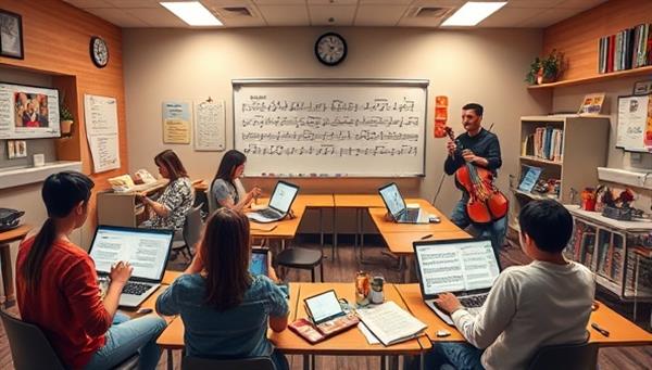 An artistic visualization of a virtual music classroom within MelodyMentor Online, featuring diverse individuals learning and practicing music together on different instruments, with digital music sheets, interactive tutorials, and virtual instructors guiding the students, creating an immersive and inspiring musical learning environment.