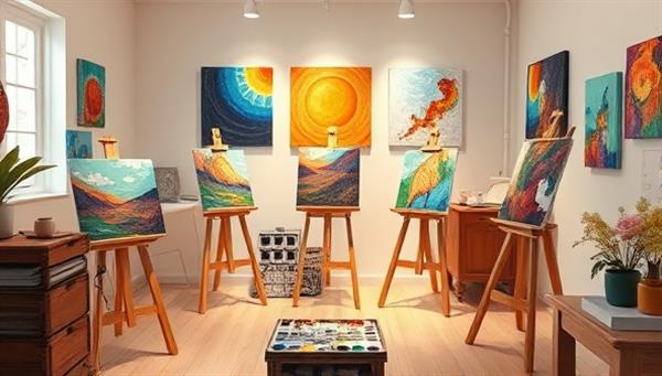A serene virtual art studio setting with easels, paint palettes, brushes, and colorful artworks on display, creating a peaceful and inspiring environment for therapeutic art creation and emotional exploration.