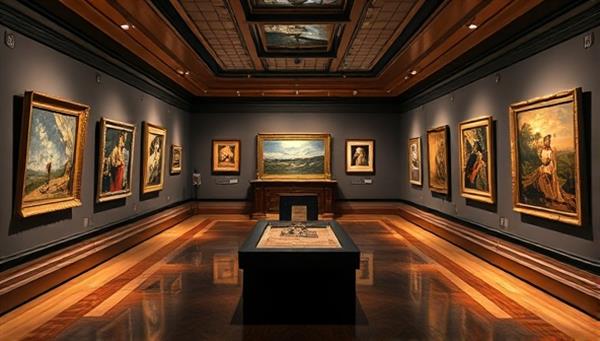 An elegant virtual art gallery setting with curated artworks displayed on digital screens, interactive elements for viewers to explore details and information about each piece, and a sophisticated ambiance that evokes the experience of attending a prestigious art exhibition, creating a captivating and immersive art environment.